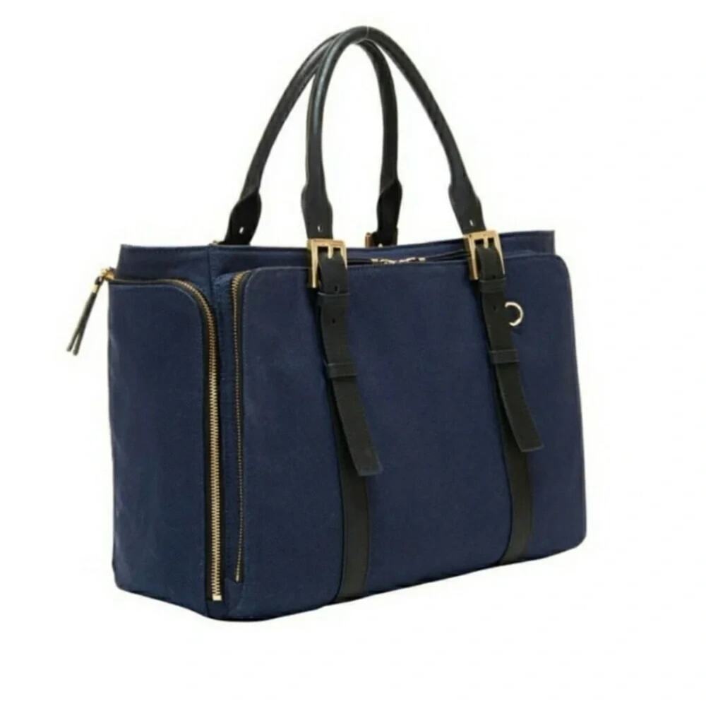 India Hicks Duchess of Windsor Canvas Leather Tote Navy Laptop Bag